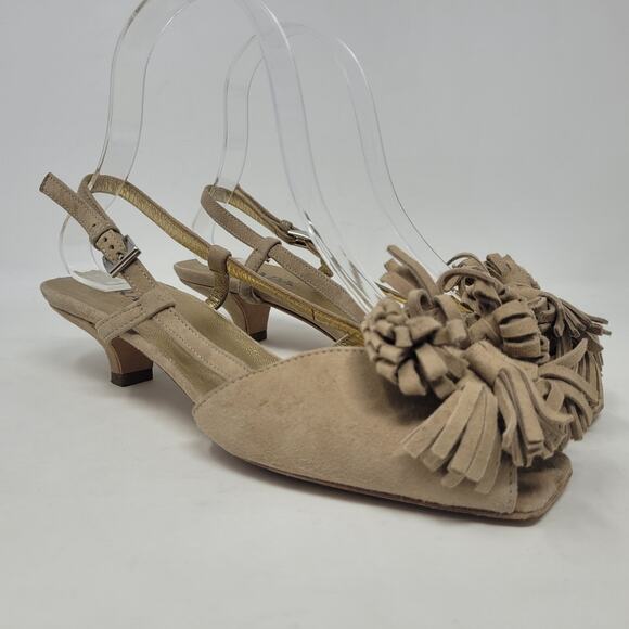 Prada Slingback Heels IT36 US6 Taupe Suede Rosette Tassel Kitten Sandals Peep - Picture 1 of 13